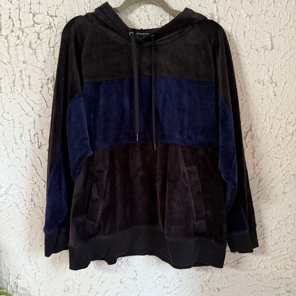 Champion Black and Navy Velour Hoodie XL